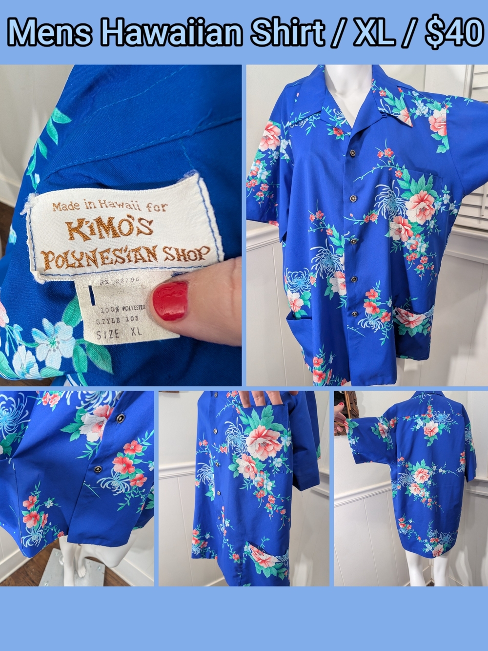 Mens Royal Blue Hawaiian Floral  Top W/ Pocket